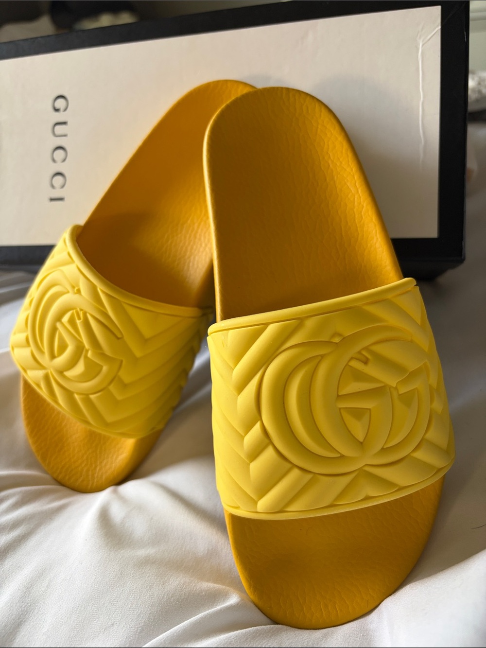 Gucci Yellow Embossed Logo Slide Sandals